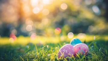 ai generado Pascua de Resurrección huevo en el césped con bokeh antecedentes. contento Pascua de Resurrección foto