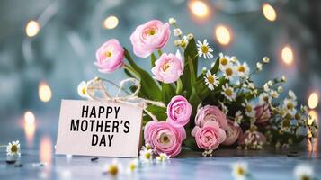 AI generated Happy Mother's Day greeting card and bouquet of pink roses photo