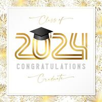 Congratulations 2024 graduate greeting card design. Social media poster. Festive square background with clipping mask. Gold fireworks cute texture. Diploma template. Class of 2024 prom invitation. vector