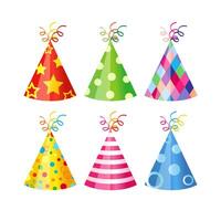 Set of realistic party hats. Holiday hat collection, 3D design. Isolated icons with clipping mask. Celebrating event items. Tempate for postcard, gift card or birthday banner. Greeting card element. vector