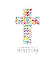 Creative cross with set of hand drawn style colorful hearts. Christian ministry logo concept. Sunday school cute symbol. Isolated elements. Flat design. Church icon template. Charity mission sign idea vector