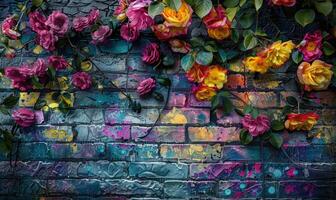 AI generated Brick wall with colorful graffiti and flowers. Grunge background photo