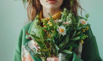 AI generated cropped view of woman in green sweater holding bouquet of wildflowers photo