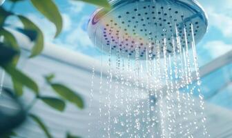 AI generated Shower head with water drops and green plants in the bathroom. photo