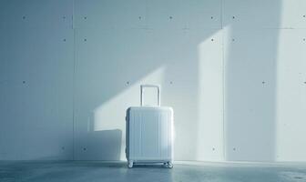 AI generated Travel suitcase on wheels in front of a white wall with shadow. photo