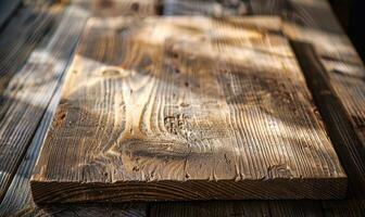 AI generated Wooden board on table in cafe, closeup. Space for text photo