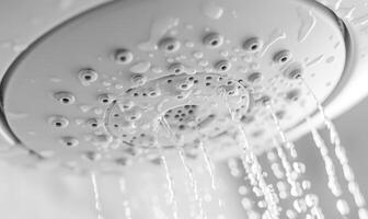 ai generado ducha cabeza con agua gotas en el baño. ducha cabeza con corriendo agua. foto