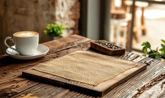 ai generado vacío de madera mesa en café tienda interior con bokeh antecedentes. foto