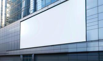 AI generated Blank screen banner mockup displayed on the modern building facade. Close Up view. photo