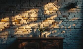 AI generated minimalistic interior of room with a brick wall and a plant photo