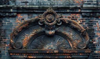 AI generated Fragment of the facade of an old brick building with a decorative ornament. photo