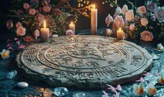 AI generated Zodiac signs on a stone plate with candles and flowers photo