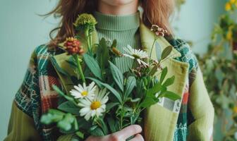 ai generado retrato de hermosa niña con floral guirnalda en cabeza en verde antecedentes foto