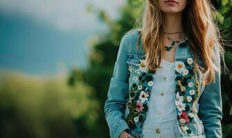 AI generated Beautiful young woman with long blond hair, wearing a denim jacket and flowers photo