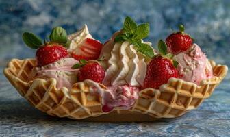AI generated Strawberry ice cream in a waffle bowl closeup photo