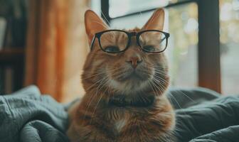 ai generado retrato de un linda gato con lentes en un oscuro antecedentes. foto