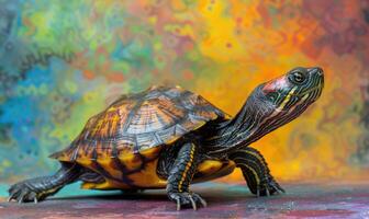 AI generated turtle on colorful background closeup, space for text photo