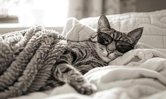 ai generado linda atigrado gato en Gafas de sol dormido en el cama. negro y blanco. foto
