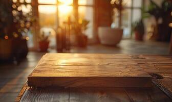 AI generated Wooden board on table in cafe, closeup. Space for text photo