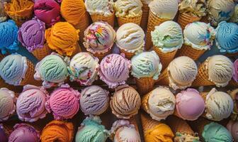 AI generated Colorful assortment of ice cream cones on the shop showcase. Colorful ice cream background photo