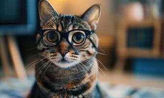 ai generado linda gato vistiendo los anteojos a hogar. selectivo enfocar. foto