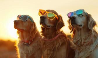 AI generated Golden retriever dogs in sunglasses at sunset. Dogs in sunglasses. Travel and tourism photo