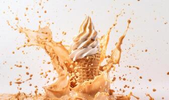 AI generated Ice cream cone explosion on white background photo