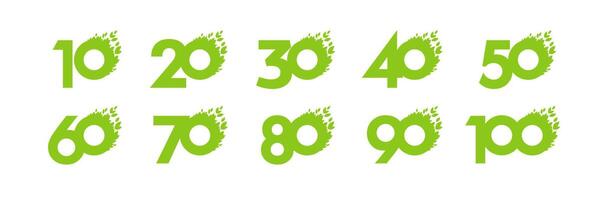 Set of creative green numbers from 10 to 100. Cute collection with green leaves. Anniversary or price concept. Natural design. Set of isolated symbols from 1 to 9 with green circle or letter O. vector