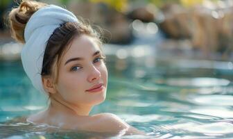 ai generado retrato de joven hermosa mujer relajante en nadando piscina a spa recurso foto