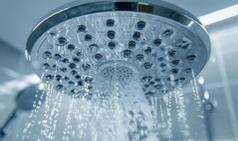 AI generated Shower head with water drops. Shower head with running water photo