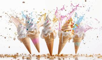 AI generated Ice cream cone explosion on white background photo