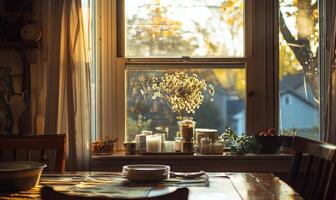 AI generated Dining table in a cafe. View from the window to the street. photo