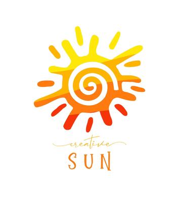 Sun logo concept. Isolated sign. Cute icon. Spring or summer holidays symbol. Creative style. Red, yellow and orange colors. Waving texture with vector clipping mask. Sun and rays. Positive idea.