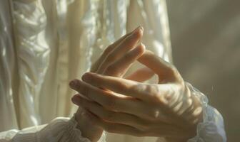 AI generated Closeup of hands of a young woman in a white dress. photo