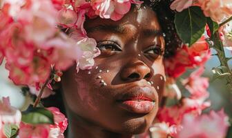 ai generado joven mujer en un primavera flores guirnalda, rodeado por flotante pétalos o flores foto