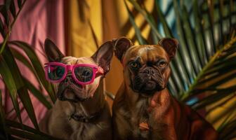 AI generated French bulldog and french bulldog in pink sunglasses on tropical background photo