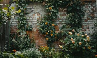 ai generado hermosa naranja rosas en el jardín en ladrillo pared antecedentes con Copiar espacio foto