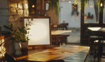 AI generated Blank photo frame on wooden table in cafe. Mockup for design