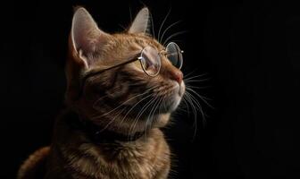 ai generado retrato de un jengibre gato vistiendo lentes en un negro antecedentes. foto