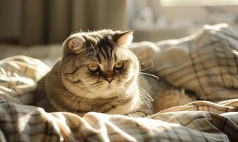 ai generado linda escocés doblez gato dormido en cama a hogar. mascota cuidado foto