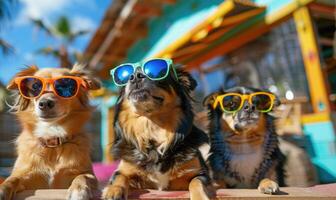 AI generated three chihuahua dogs in sunglasses on the beach in summer. Dogs in sunglasses. Travel and tourism photo