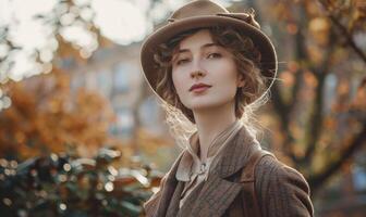 AI generated Portrait of a beautiful young woman in a hat and coat in the autumn park photo