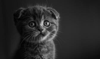 ai generado retrato de un escocés doblez gatito en un negro antecedentes foto