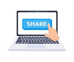 Hand pointer clicking on a share button on a laptop screen. Vector illustration