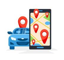 Online car rent and sharing service. Phone with location mark and smart car. Vector illustration