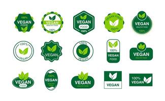 Vegan icon set. Organic logos and badges. Green leaf on white background. Vector illustration