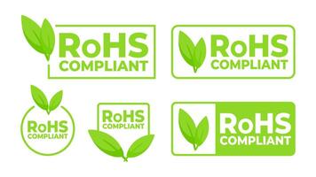 Green labels with a leaf icon indicating RoHS Compliant for electronics, promoting environmentally responsible manufacturing. vector