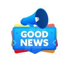 Good news. Badge with megaphone banner, label. Marketing and advertising. Vector illustration