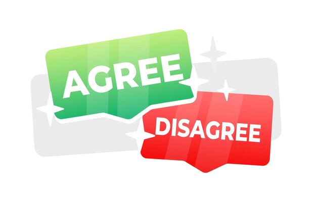 Two overlapping speech bubbles, one green with AGREE and one red with DISAGREE, representing different opinions or survey options