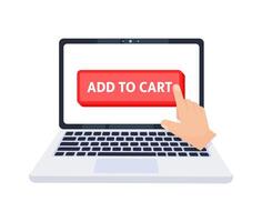 Hand pointer clicking on a add to cart button on a laptop screen. Vector illustration